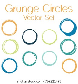 Round painted frame border set of circular brush strokes, stamps. Hand painted circle border, ring frame collection with ink stamp texture, grunge watercolor graphic design isolated vector elements.