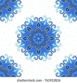 Round paisley pattern and snowflakes on backdrop. Seamless background