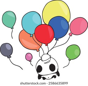 A round panda with a balloon flying.