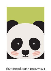 Round panda`s face isolated on green backdrop, animal portrait, two black spots, two striped blushes on animal face, cute ears amd mouth, pretty bear