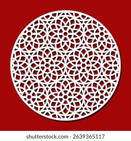Round panel with carved ornament. Geometric, floral, circular patterns of thin lines. Template for plotter laser cutting of paper, fretwork, wood carving, metal engraving, cnc. Vector illustration.