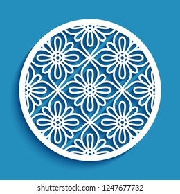 Round panel with lace pattern, vector openwork ornament, cut out paper circle decoration, elegant stencil template for laser cutting or plotter printing