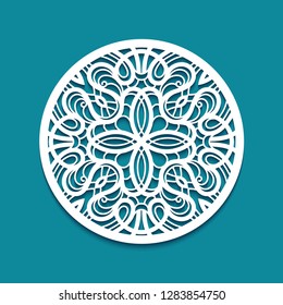 Round panel with lace pattern, vector openwork ornament, cutout paper circle decoration, elegant stencil template for laser cutting or plotter printing