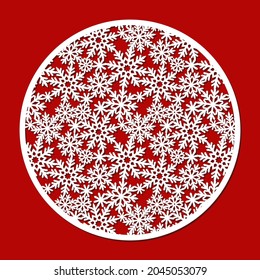 Round panel with snowflakes. Winter decoration for Christmas, New Years holidays. Vector template for plotter laser cutting of paper, plywood, wood carving, metal engraving, cnc.