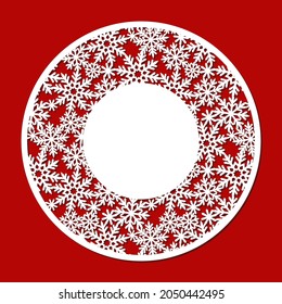 Round panel with winter ornament. Openwork circle border of snowflakes. Decoration for Christmas, New Year. Vector template for plotter laser cutting of paper, plywood, wood carving, metal engraving.