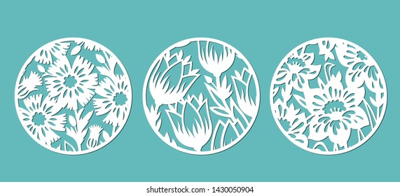 Round panels decorated with floral patterns. A set of decorative elements for cutting paper, laser or plotter.