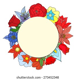 Round paper card on the background of beautiful flowers. Vector illustration