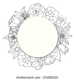 Round paper card on the background of beautiful flowers. Vector illustration