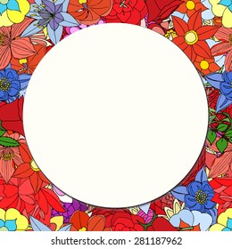 Round paper card on the background of beautiful flowers. Vector illustration