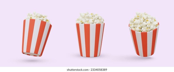 Round paper cups filled with popcorn. Traditional snack for companies, watching movie. 3D cinema icon set in cartoon style. Isolated image in different positions