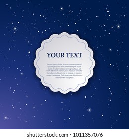 Round paper cutout frame on dark blue starry background. 3d decorative label with shadow. Laser cutting element. Outer space motif design template. Elegant pattern of stars. Vector illustration
