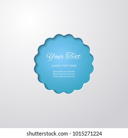 Round paper cutout frame with shadow on turquoise blue background. 3d decorative vignette. Laser cutting element. Vintage invitation or greeting card design template. Vector illustration