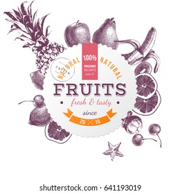 Emblema de papel redondo con frutas dibujadas a mano. Ilustración del vector aislada en fondo blanco