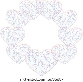 Round paper frame of hearts with curls with shadow