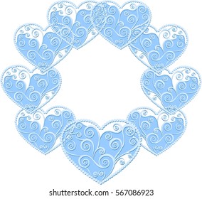Round paper frame of hearts with curls with shadow