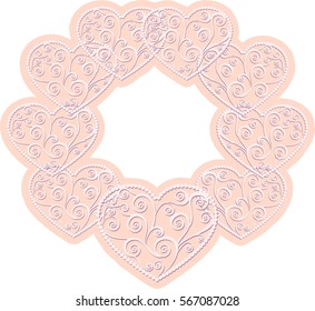 Round paper frame of hearts with curls with shadow