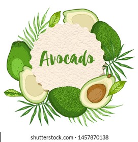 Round paper label with green ripe avocado fruits on a white background. Vector illustration