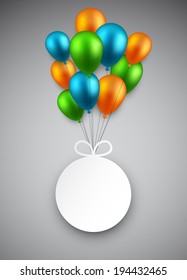 Round paper label on colorful balloons. Vector illustration. 
