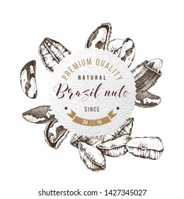 Round paper label with type design and hand drawn brazil nuts. Vector illustration