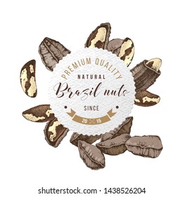 Round paper label with type design and hand drawn brazil nuts. Vector illustration