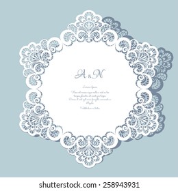 Round paper lace doily, greeting card, save the date or wedding invitation template, vector illustration