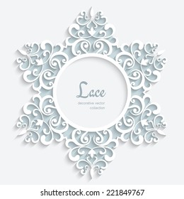 Round Paper Lace Frame With Ornamental Border, Decorative Vector Label, Lacy Snowflake On White Background, Eps10