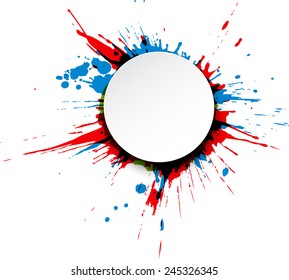 Round paper note over colorful ink splash. Vector illustration.