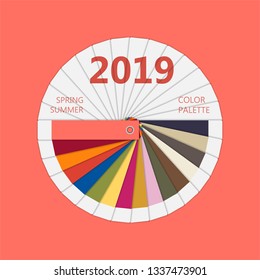 Round paper Spring and summer 2019 colors palette. Fashion trend guide. Palette fashion colors guide with named color swatches, RGB. Vector illustration
