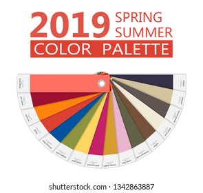 Round paper Spring and summer 2019 colors palette. Fashion trend guide. Palette fashion colors guide with named color swatches, RGB. Vector illustration