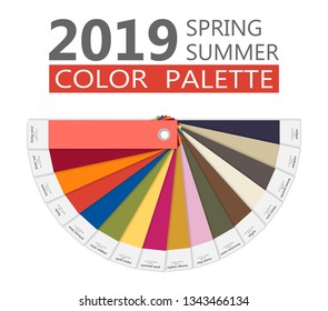 Round paper Spring and summer 2019 colors palette. Fashion trend guide. Palette fashion colors guide with named color swatches, RGB. Vector illustration