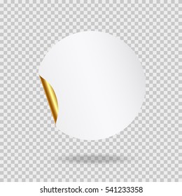 Round paper sticker template with bent edge with translucent shadow. Element for advertising and promotional message isolated on transparent background. Golden vector web banner for your design.