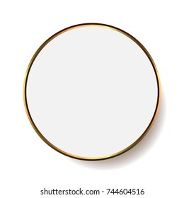 Round paper sticker template with with gold frame with drop shadow on white background. Element for advertising and promotional message. Golden vector web banner for your design.