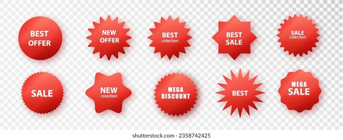 Round Paper stickers red color serve as promotional sale badges. Realistic collection of red price tags, perfect for special offers and shopping discounts.