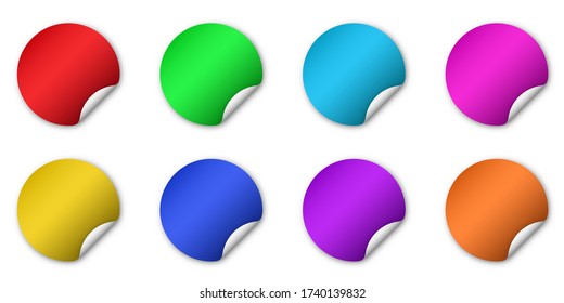 Round paper stickers set. Colored blank banners with shadow. Vector illustration.