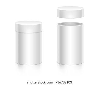 Round Paper White Box Mock-up Vector Template. Opened And Closed Boxes. Good For Packaging Design.