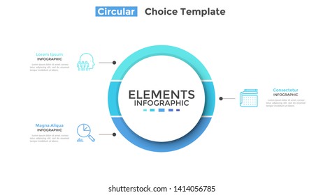 Round paper white chart with 3 options to choose. Concept of three features of startup project. Simple infographic design template. Flat vector illustration for business analytics presentation, report