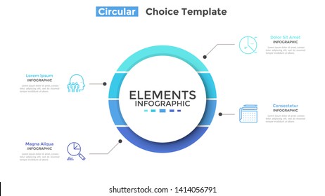 Round paper white chart with 4 options to choose. Concept of four features of startup project. Simple infographic design template. Flat vector illustration for business analytics presentation, report.