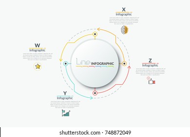 Round paper white chart with 4 colorful arrows pointing at thin line symbols and text boxes. Concept of four features of provided service. Modern infographic design template. Vector illustration.