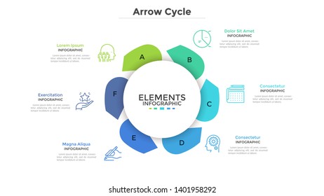 Round paper white chart with six arrows. Concept of cyclical business process with 6 stages. Modern infographic design template. Flat vector illustration for project visualization and analysis.