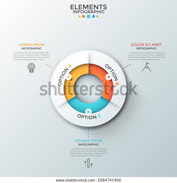 Round paper white diagram divided into 3\
colorful sectors, linear icons and text boxes. Concept of three\
choice options. Clean infographic design template. Vector\
illustration for\
presentation.