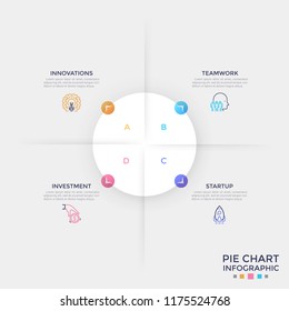 Round paper white pie chart divided into 4 equal sectors with colorful arrows pointing at thin line symbols and text boxes. Clean infographic design template. Vector illustration for presentation.