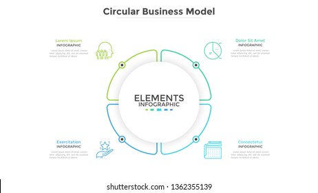 Round paper white pie chart divided into 4 parts or sectors. Circular business model with four options. Clean infographic design template. Vector illustration for presentation, brochure, banner.