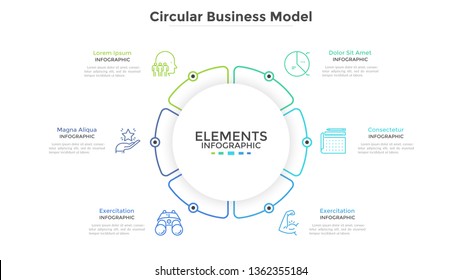 Round paper white pie chart divided into 6 parts or sectors. Circular business model with six options. Clean infographic design template. Vector illustration for presentation, brochure, banner.