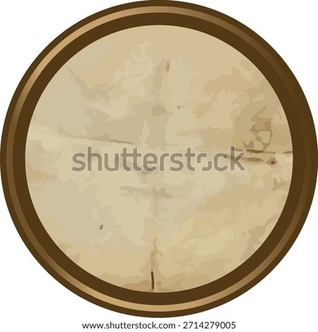 A round parchment seal with aged paper texture and wooden rim, showing creases and wear. Symbol of authenticity, heritage, vintage badge, and certificate quality. Cartoon vector illustration.