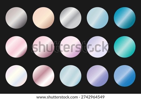 Round pastel metallic foil texture silver, steel, chrome, gold, platinum, copper, bronze, pink gold gradient swatches set. Shiny metallic collection graphic design on black bg, vector collection