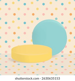 Round pastel podium with soft shadows on a beige polka dot background. Colorful composition with yellow and blue shapes. Minimal style with clean layout and empty space