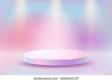 Round pastel podium under soft multicolored light gradient creating the effect of a glowing spotlight. Minimalistic design suitable for product demonstration or presentation. Vector 3D illustration.