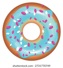 Round pastry top view. Blue glazed donut