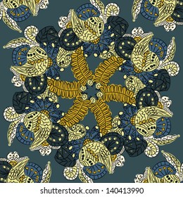 Round pattern with abstract flowers and wings. Background with ornamental corner lace