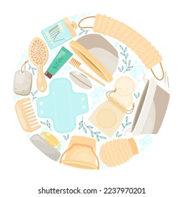 Round pattern with bathroom accessories vector illustrations set. Collection of cartoon drawings of soap, hairbrush, sponge, pad, cotton swabs isolated on white background. Hygiene, beauty concept